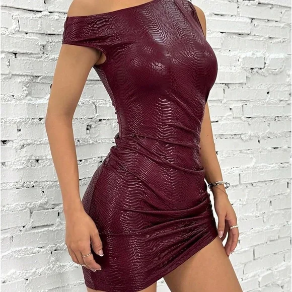 Elegant pleather Burgundy Off-Shoulder Dress - Picture 2 of 4